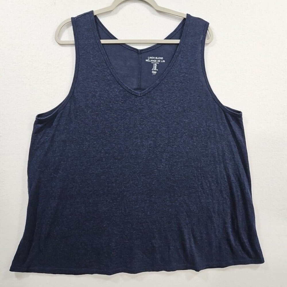 Gap Women XXL Navy Blue Linen Blend‎ Sleeveless V Neck Relaxed Fit Tank Top
